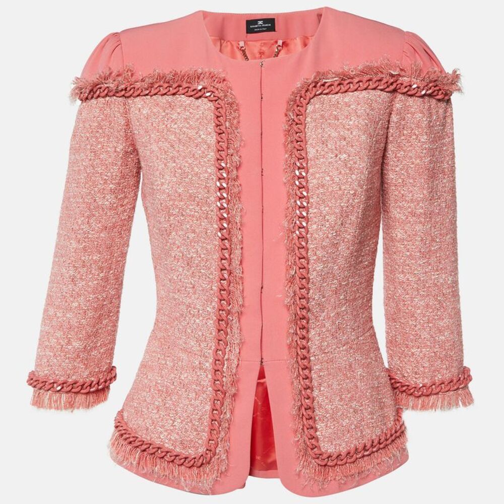 Elisabetta Franchi Pink Tweed And Crepe Chain Detail Jacket M